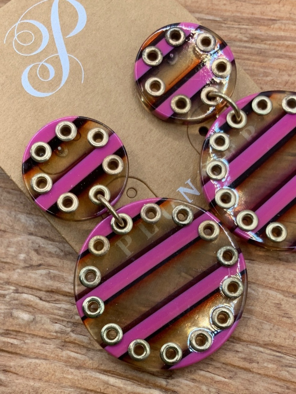 Plunder Design Pink and Brown Striped Disc Acrylic Drop Earrings